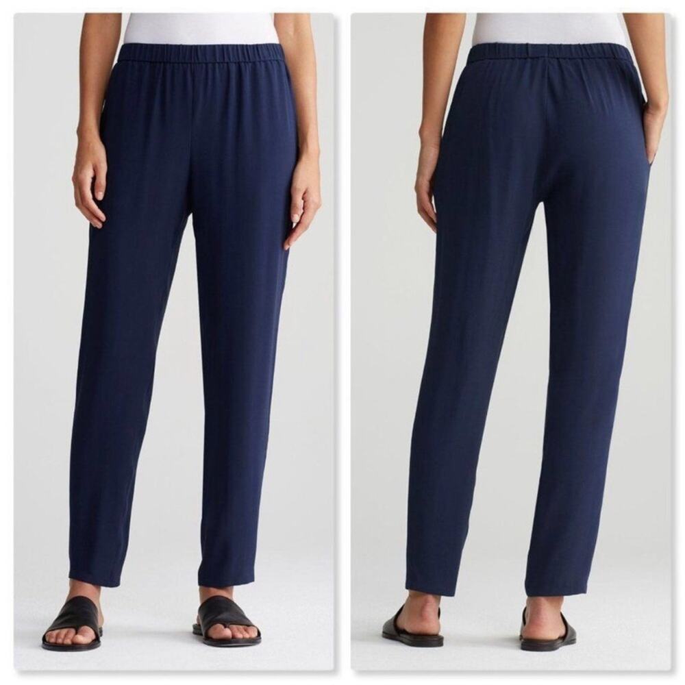 Eileen Fisher Silk Georgette Crepe Ankle Pants Navy
